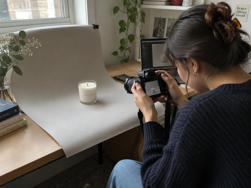 Student photographing a candle on a paper backdrop