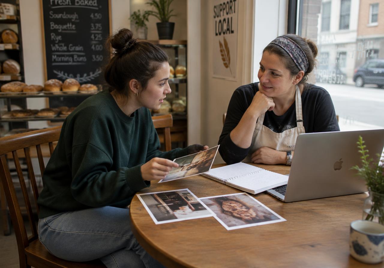 A college student reviews printed photos with a bakery owner